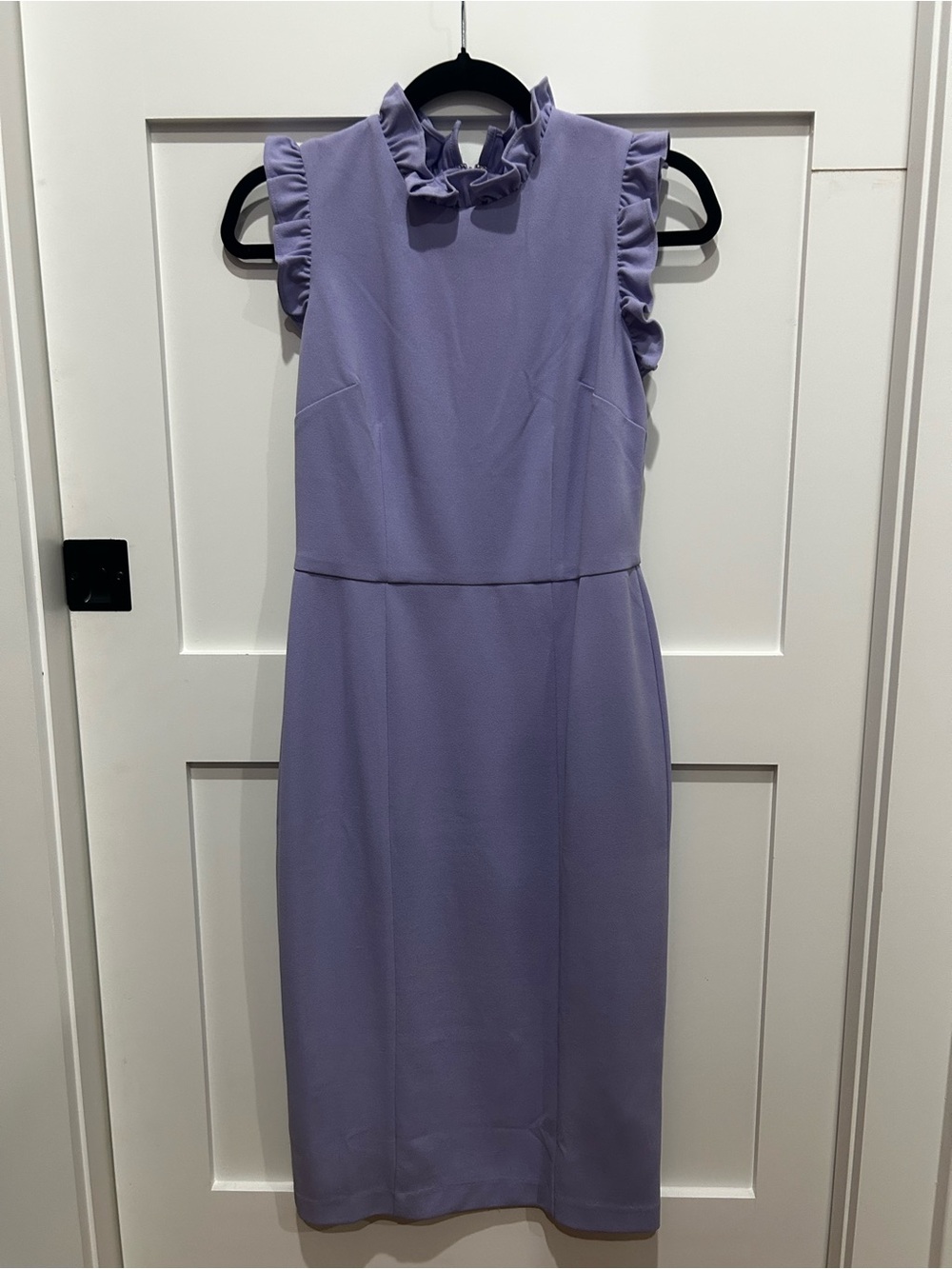 Maggy London Lavender Ruffle Neck Midi Dress